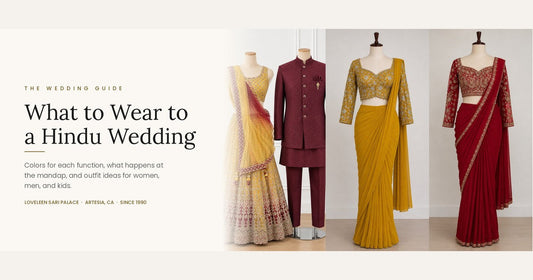 What to Wear to a Hindu Wedding — mannequins in a yellow lehenga, maroon sherwani, gold sari and red sari at Loveleen Sari Palace, Artesia CA