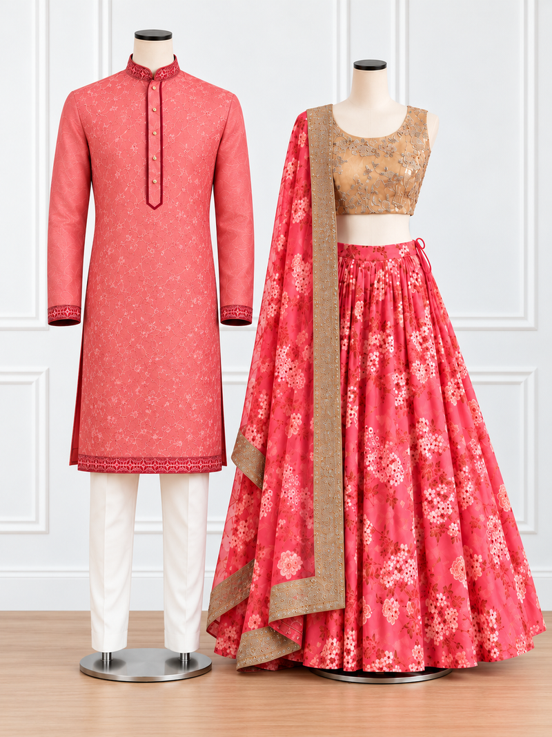 Coral Floral Lehenga & Embroidered Kurta