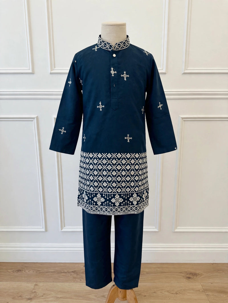 Navy Embroidered Kids Kurta for a Diwali celebration