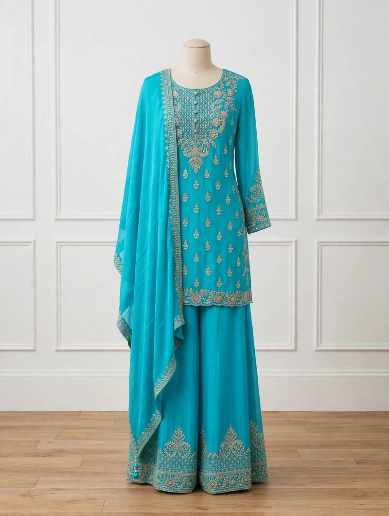 Turquoise embroidered sharara set