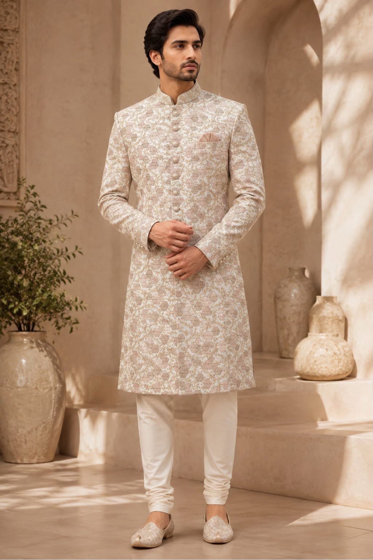 Ivory sherwani with gold floral embroidery