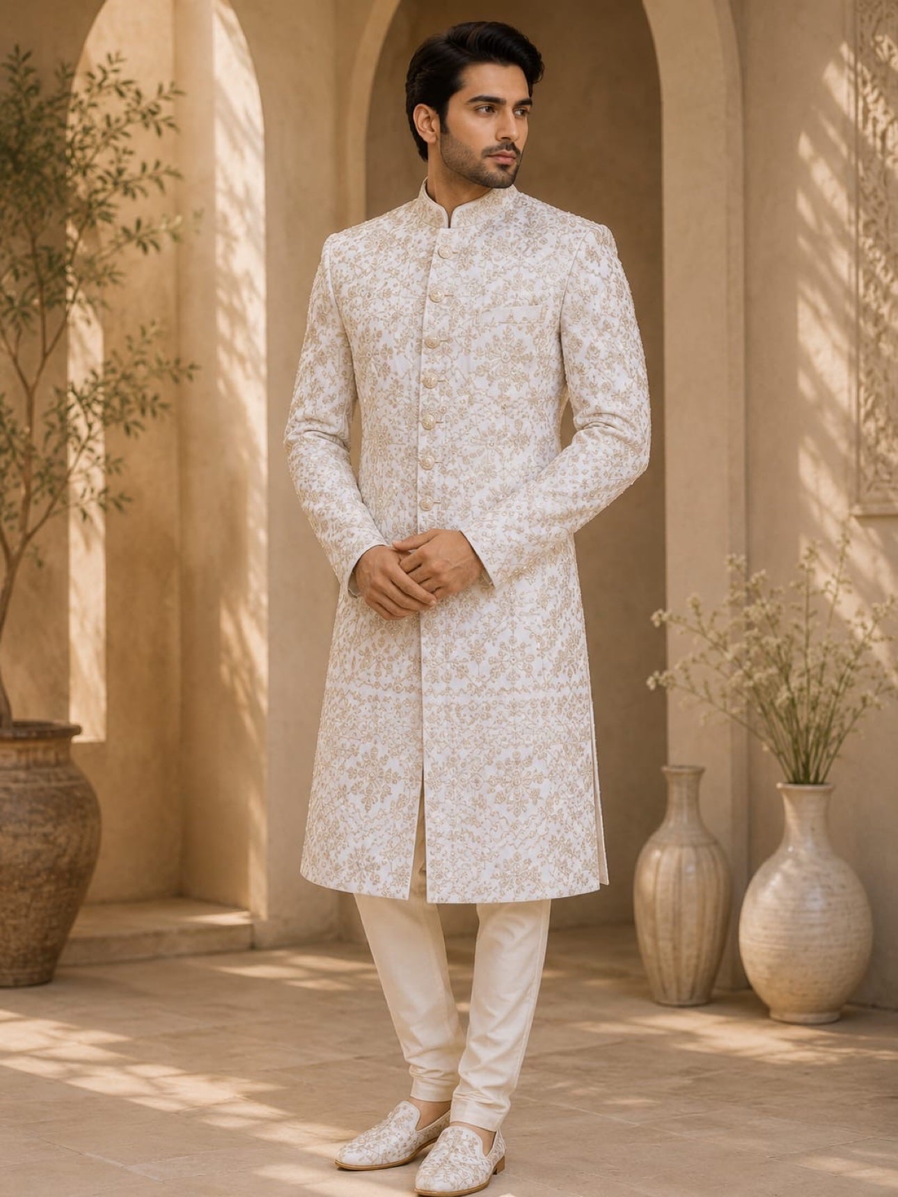 Ivory sherwani with gold jaal embroidery