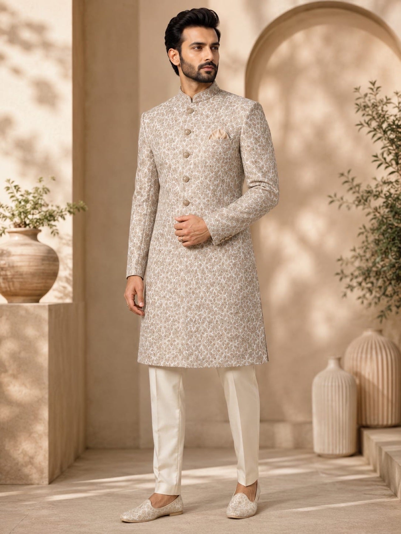 Beige sherwani with gold textured weave