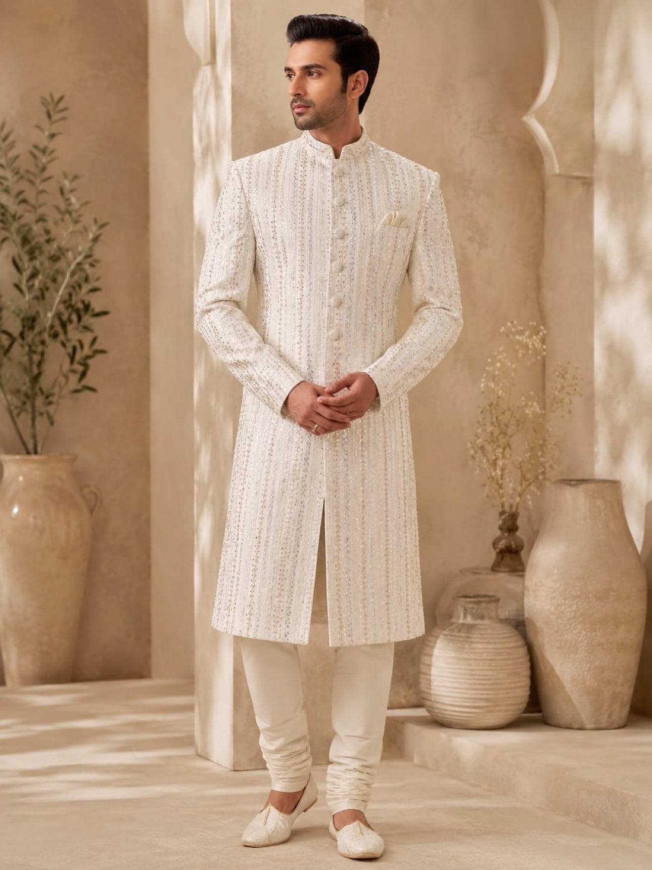 Ivory sherwani with silver sequin stripes