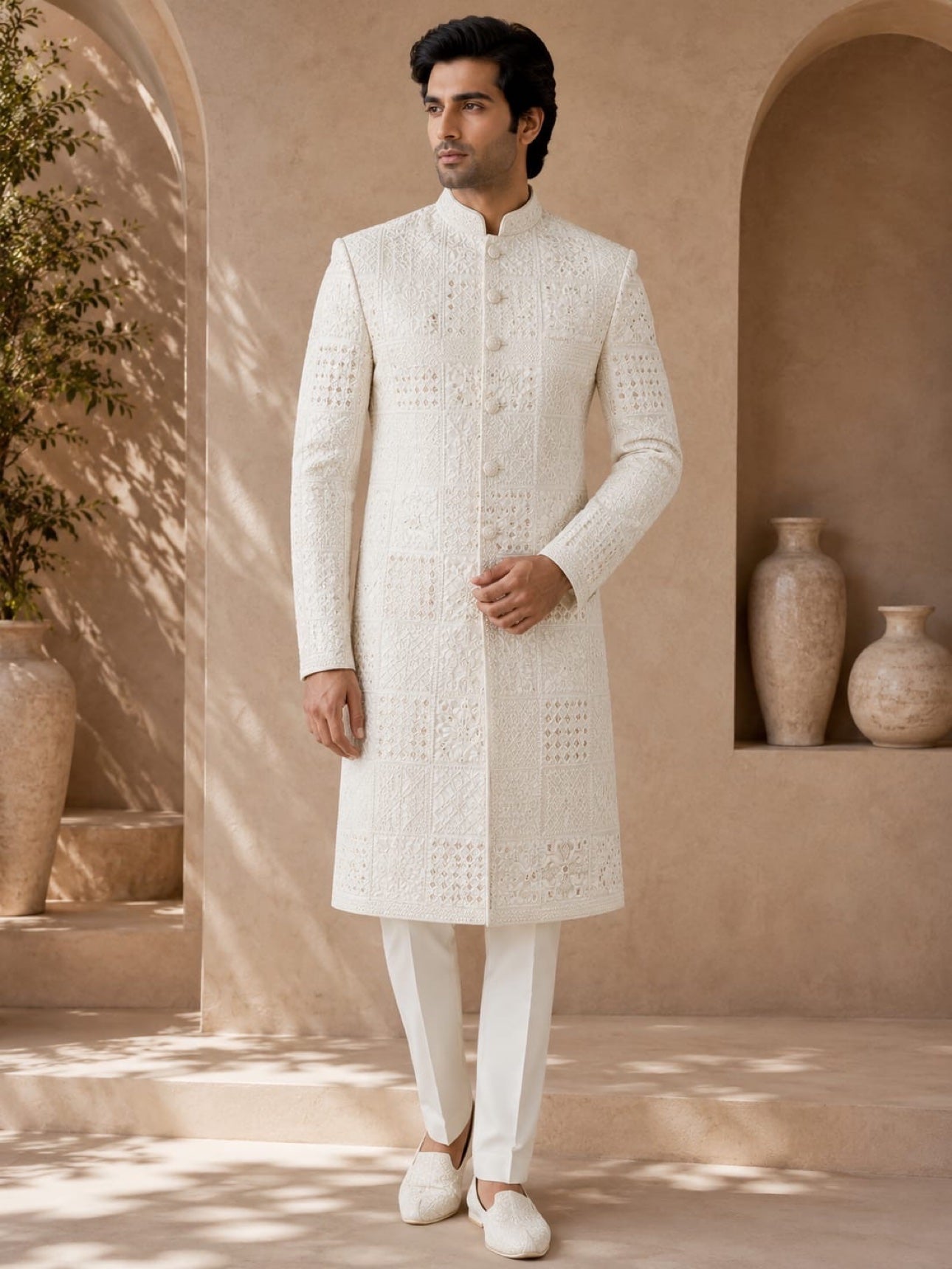 White chikankari sherwani
