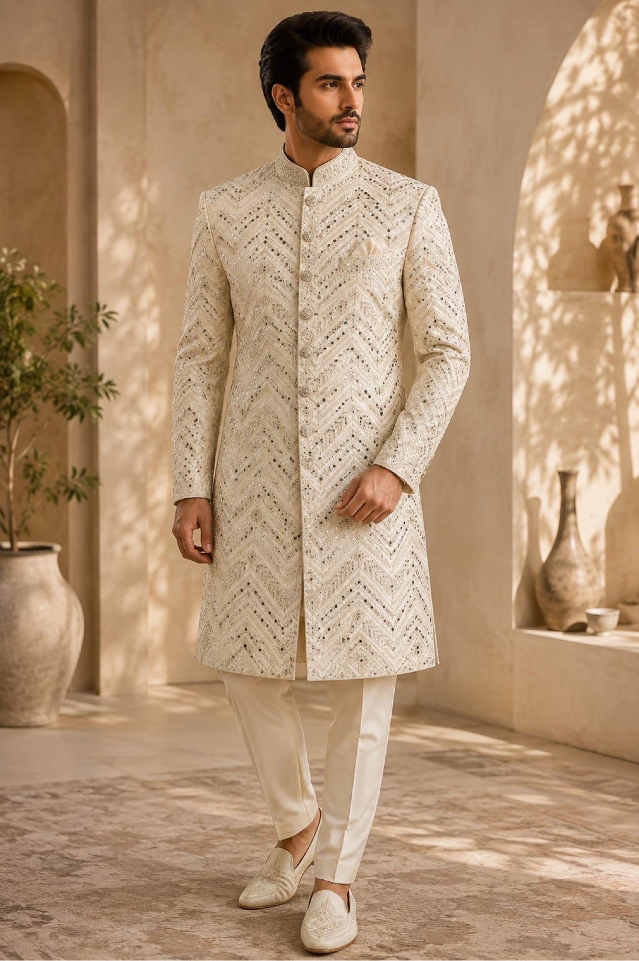 Ivory sherwani with gold chevron sequins
