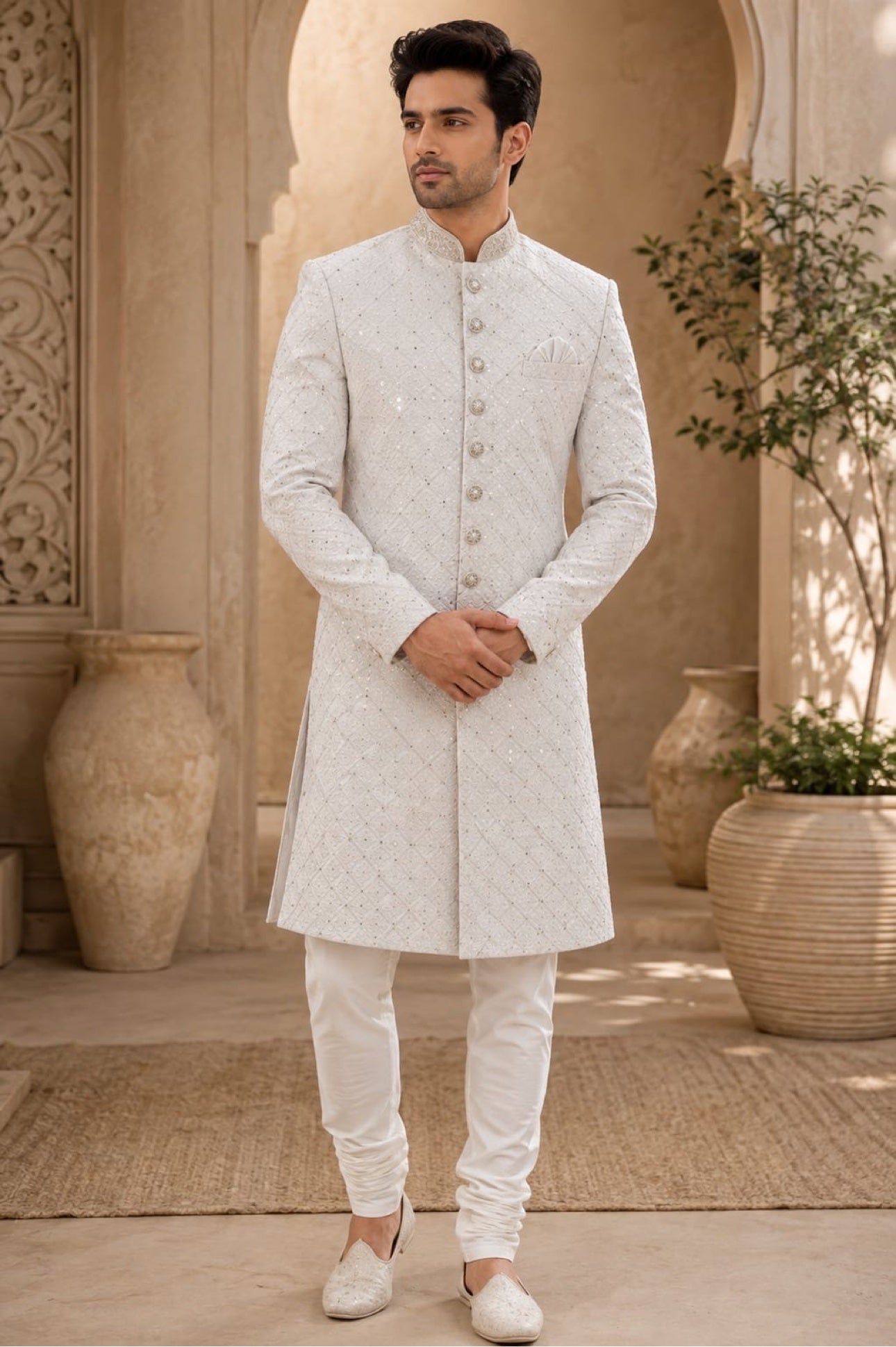 White sherwani with silver dot texture