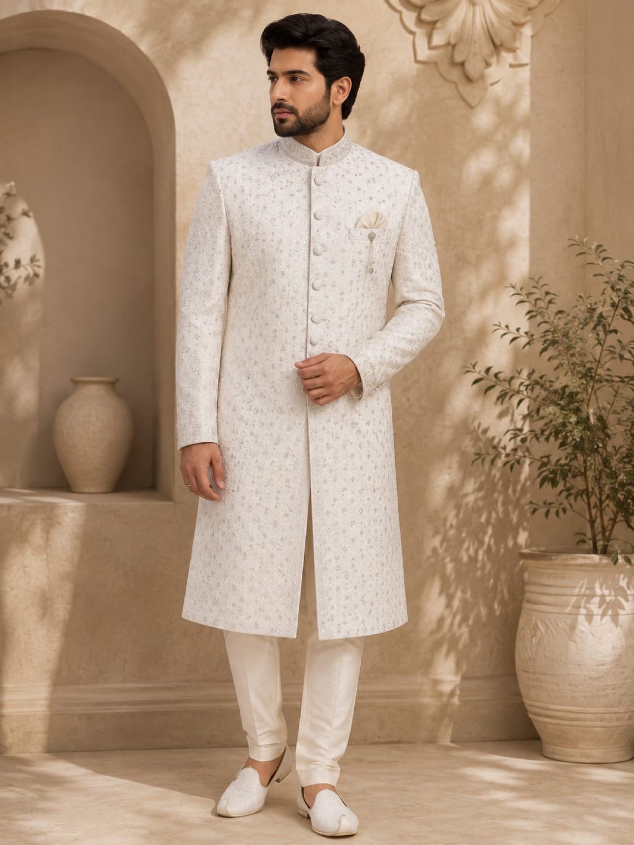 Ivory sherwani with tonal sequin dots